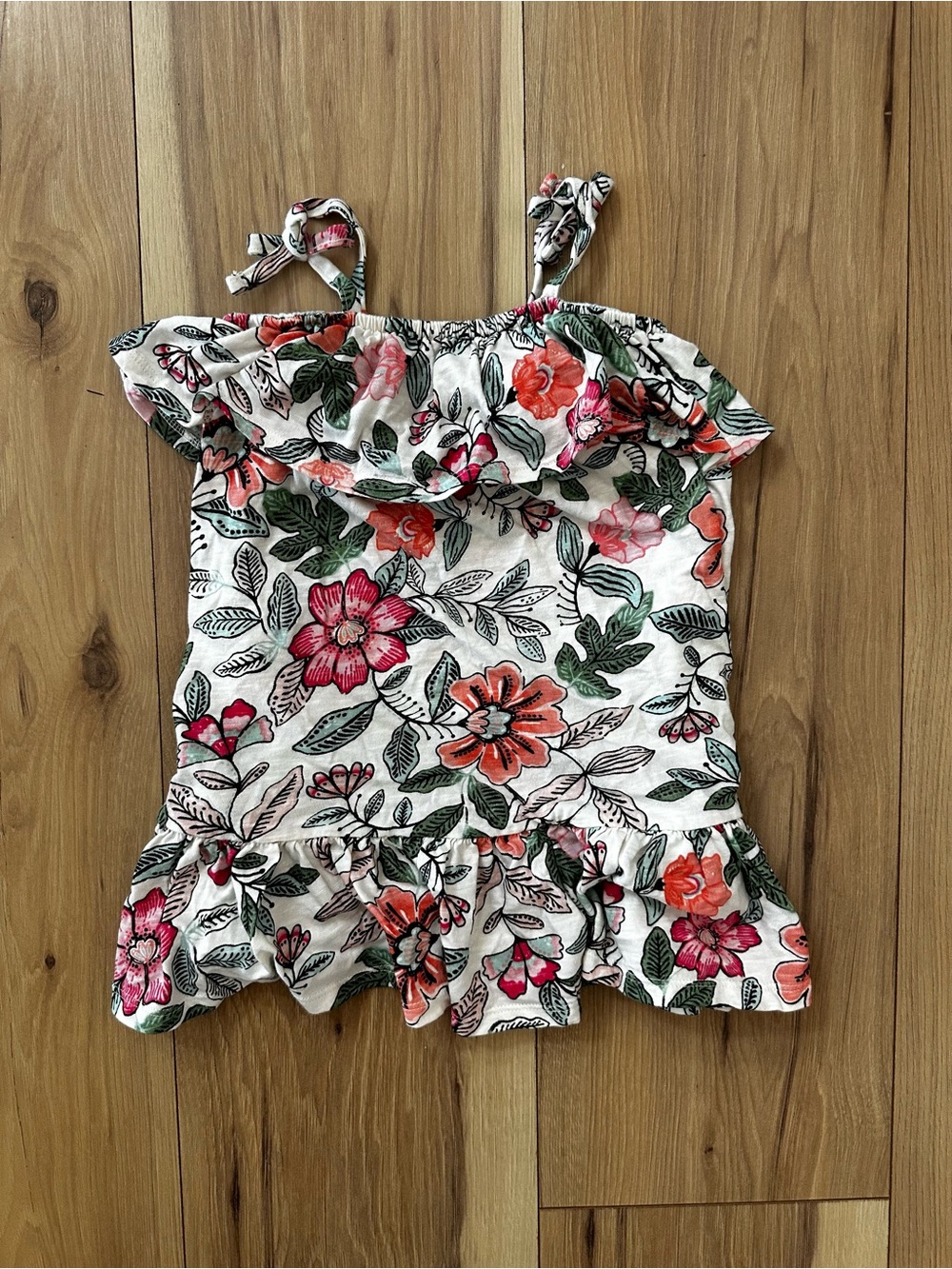 Old Navy White Floral Ruffle Cami with Pink & Coral Flowers